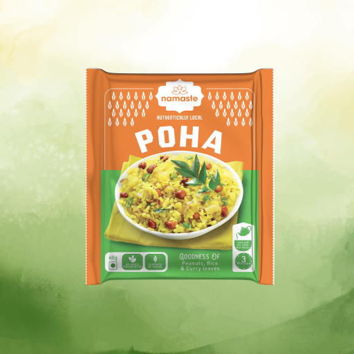 Orange and green pouch of Namaste Poha, showing a bowl of poha with curry leaves.