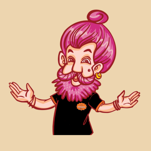 Namaste Chai mascot with open arms, in a black shirt and a bright pink topknot.